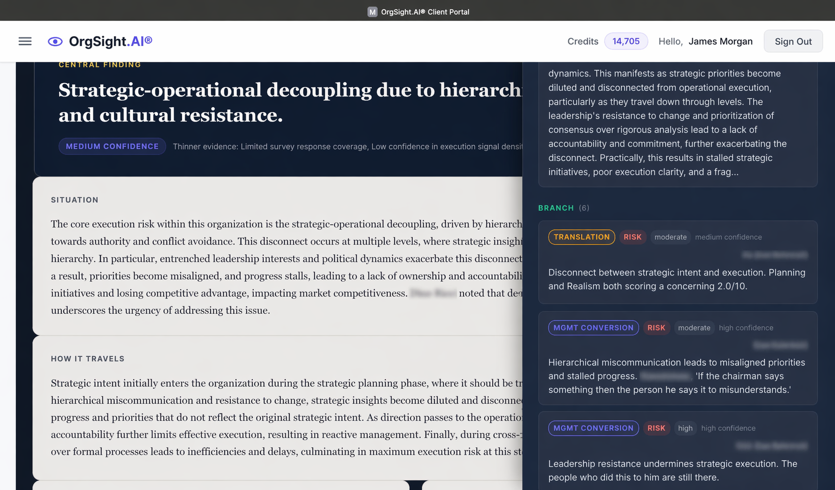 OrgSight executive summary with evidence rail
