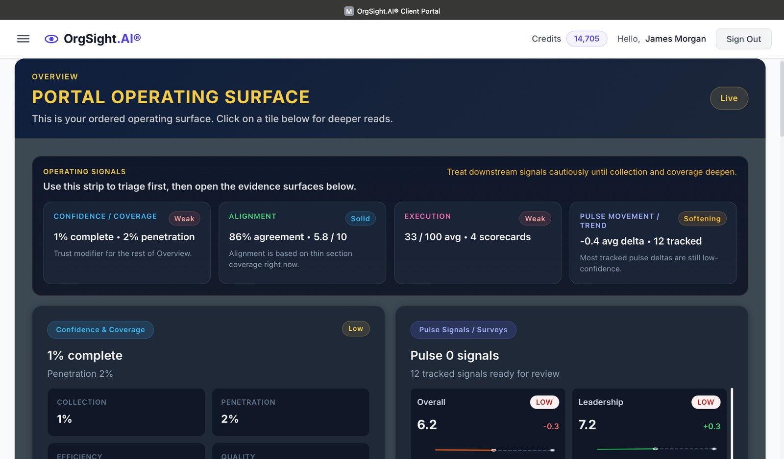 OrgSight portal operating surface with confidence, alignment, execution and pulse signals
