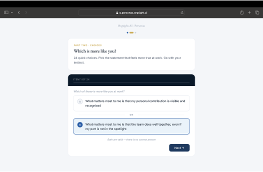 Personas forced-choice questionnaire screen