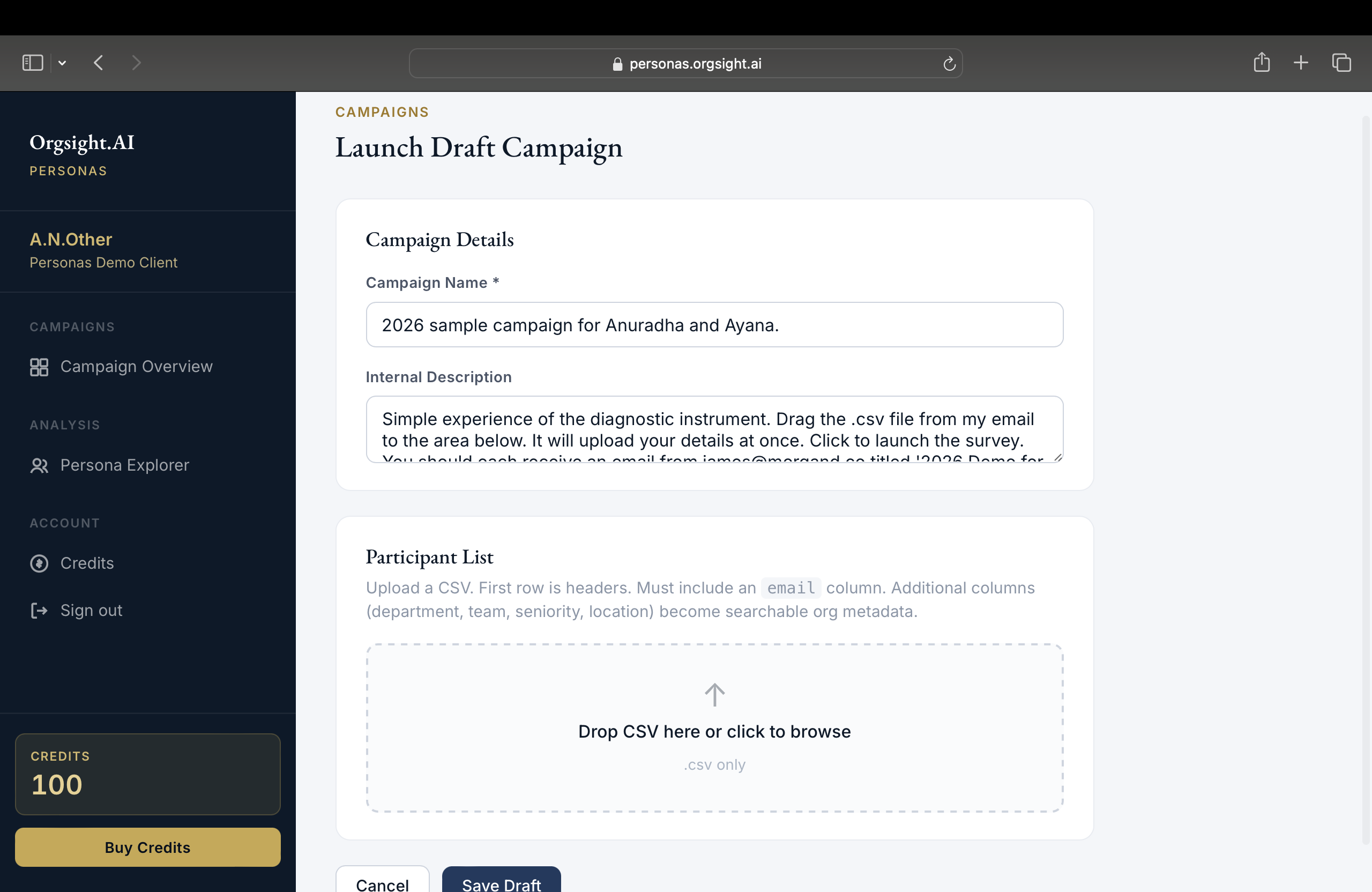 Personas campaign launch interface